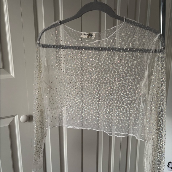 Bear Dance Tops - Bear Dance White Sheer Rhinestone Crop Hoodie